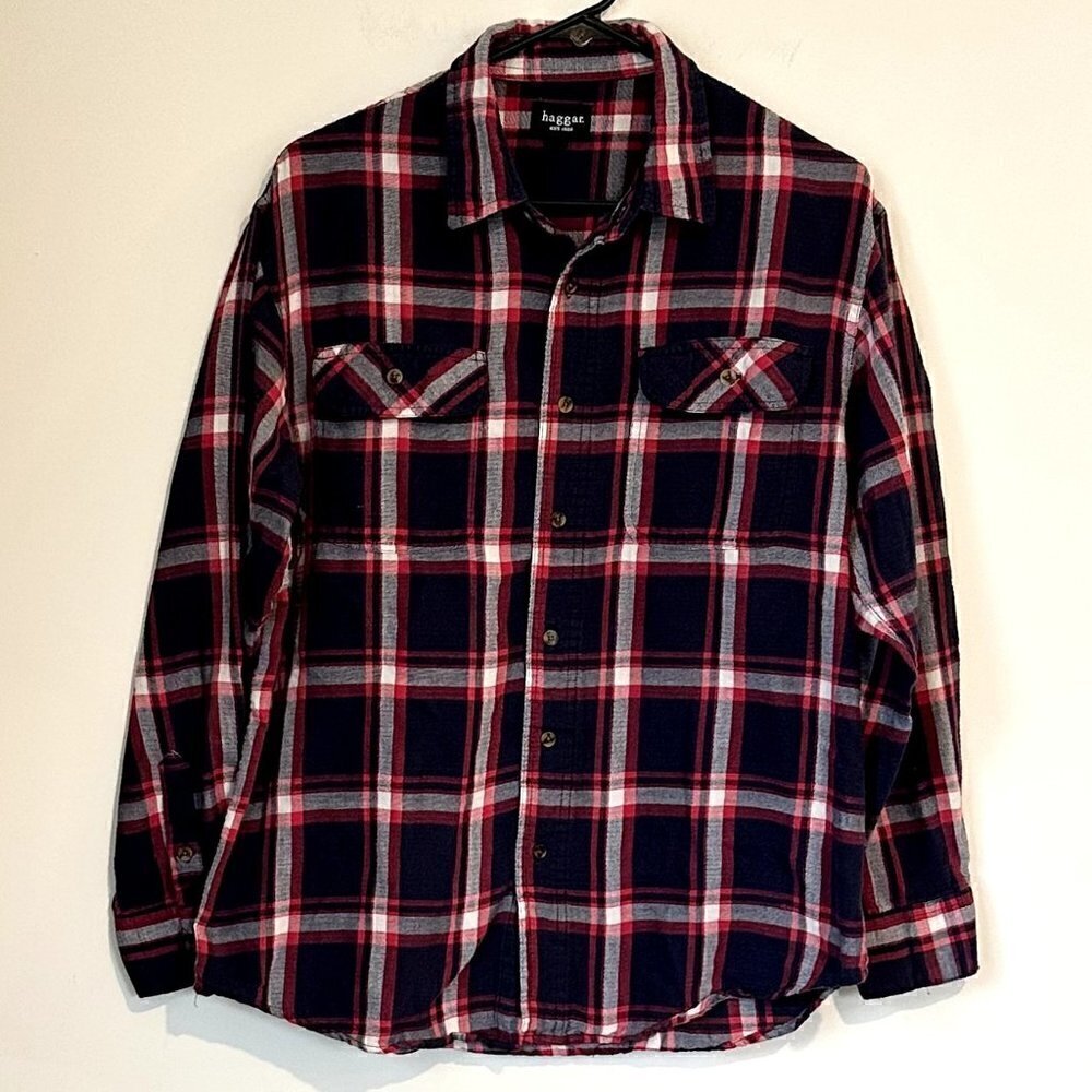 Haggar Mens Casual Blue Red Flannel Button Shirt - Medium